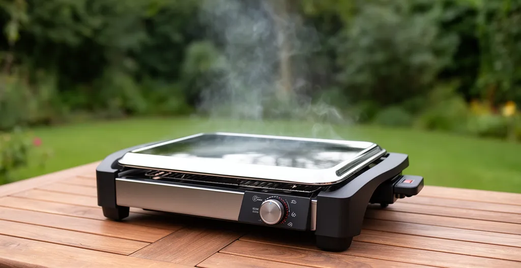 Barbecue électrique en préchauffage avec légère vapeur sur plaque brillante