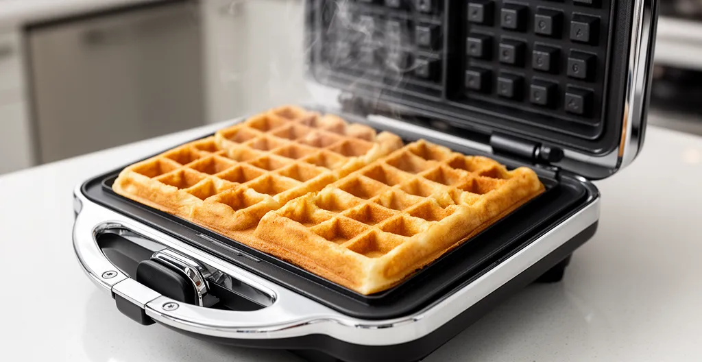 Gaufrier ouvert montrant une gaufre parfaitement dorée avec légère vapeur