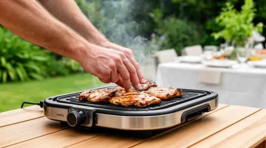 Personne retournant des grillades dorées sur un barbecue électrique sur une terrasse ensoleillée