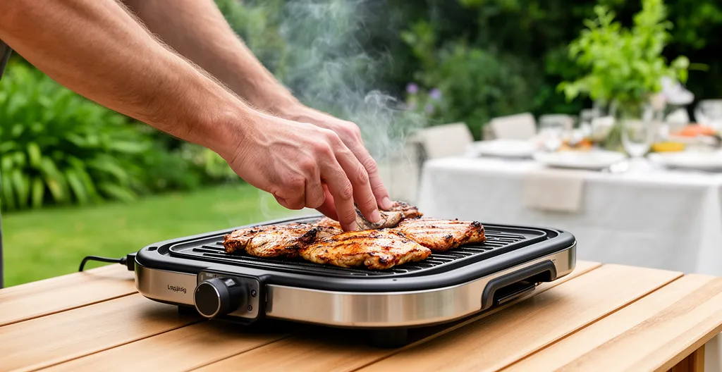 Personne retournant des grillades dorées sur un barbecue électrique sur une terrasse ensoleillée