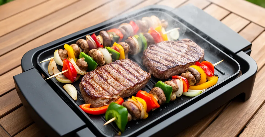Vue plongeante sur plaque de barbecue avec steaks dorés et légumes colorés en cuisson