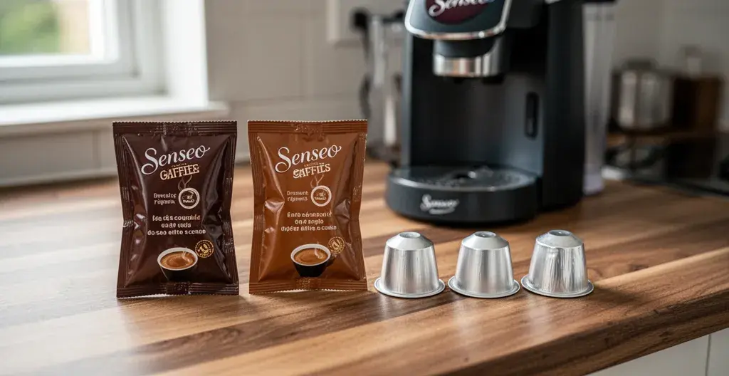 Dosettes Senseo souples et capsules rigides côte à côte sur plan de travail