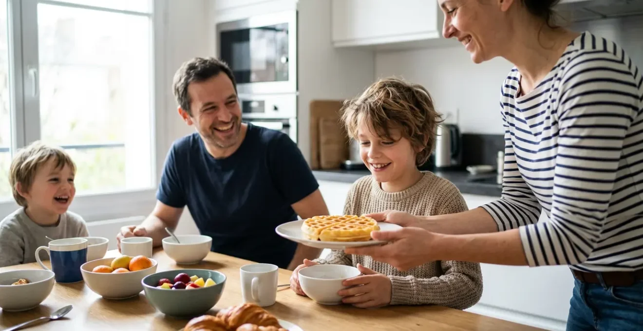 Famille préparant des gaufres maison dans une cuisine lumineuse