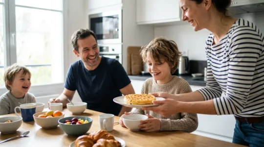 Famille préparant des gaufres maison dans une cuisine lumineuse