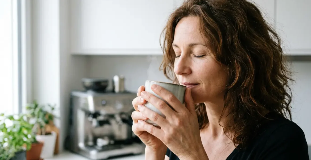 Femme savourant son café Senseo du matin dans sa cuisine