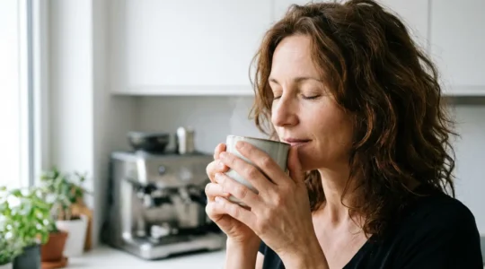 Femme savourant son café Senseo du matin dans sa cuisine