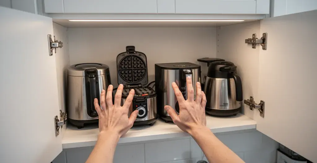Gaufrier compact rangé dans un placard de cuisine organisé