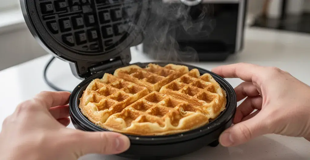 Gaufrier ouvert révélant une gaufre dorée parfaitement cuite