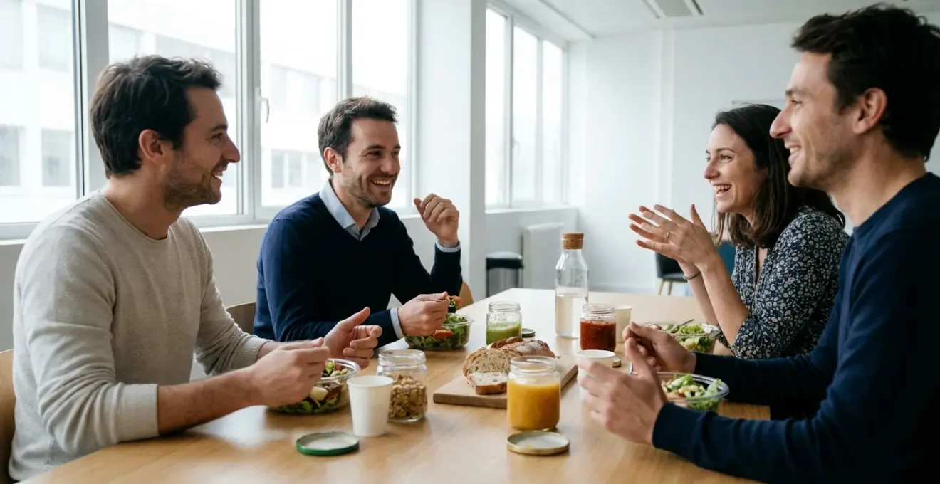 Collègues partageant un repas équilibré dans un espace de pause entreprise moderne