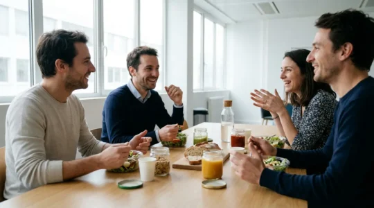 Collègues partageant un repas équilibré dans un espace de pause entreprise moderne