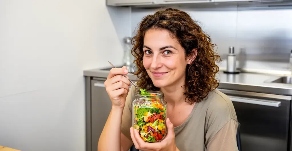 Salariée savourant un repas équilibré en bocal dans un espace cuisine d'entreprise