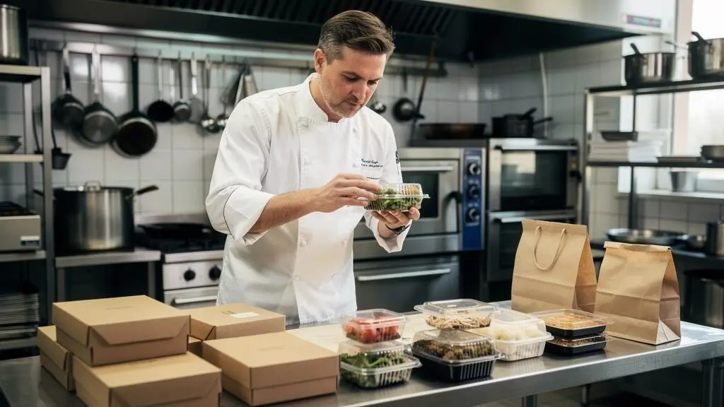 Chef professionnel examinant différents types d'emballages alimentaires sur un plan de travail dans une cuisine de restaurant