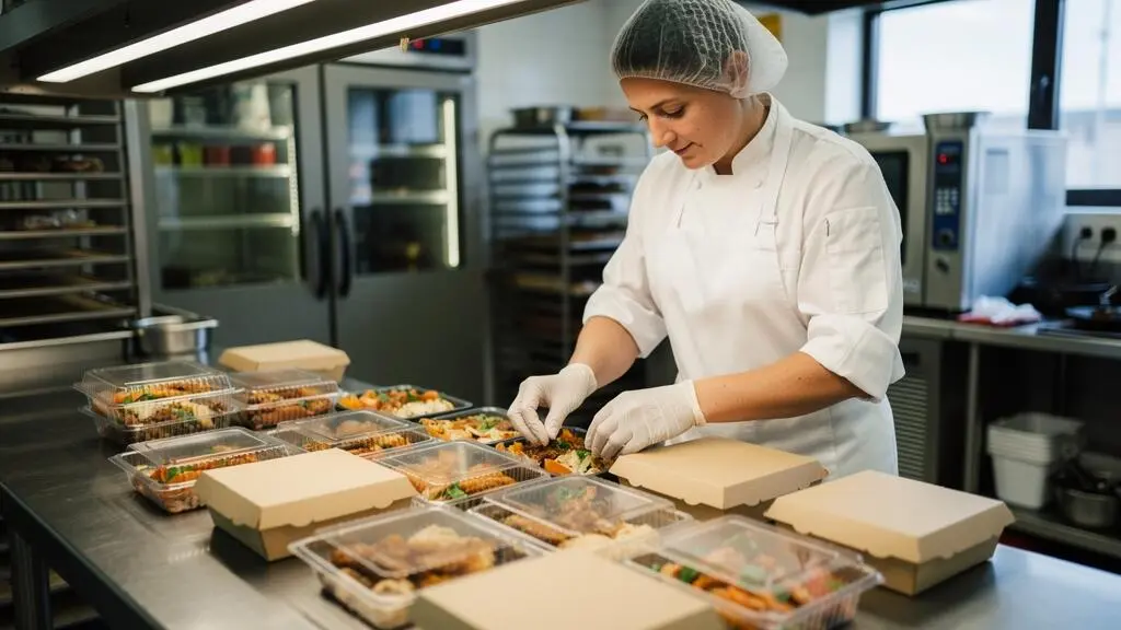Employé de restauration préparant des commandes à emporter en conditionnant des plats dans différents types d'emballages alimentaires conformes