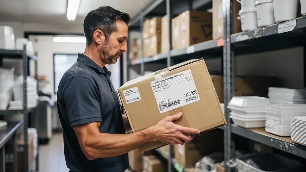 Responsable de restaurant vérifiant les informations d'étiquetage sur un carton de fournitures d'emballages alimentaires dans la zone de stockage